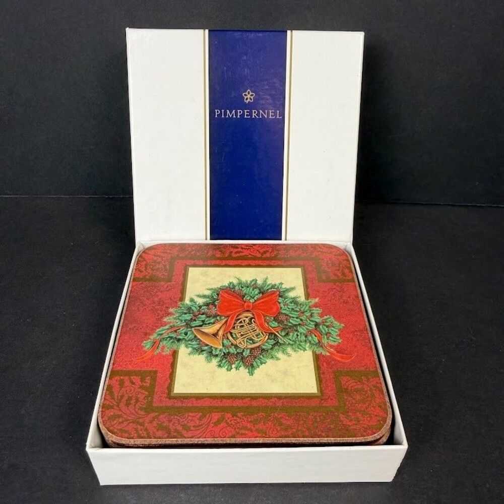 Set of 6 Pimpernel Holly Celebration Cork/Acrylic 4.25 in Coasters, England